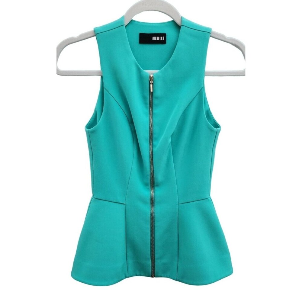 NICHOLAS Silk Top Blue Green Sleeveless Zipper Peplum 2